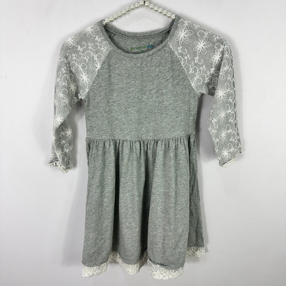 Garnet Hill Kids Dress Girls 6 Gray Lace Sleeve Floral Boho Raglan Knit Mini